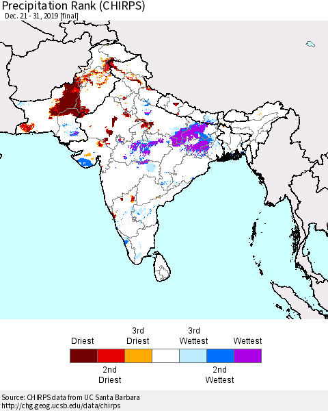Southern Asia Precipitation Rank (CHIRPS) Thematic Map For 12/21/2019 - 12/31/2019
