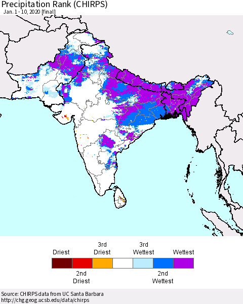 Southern Asia Precipitation Rank since 1981 (CHIRPS) Thematic Map For 1/1/2020 - 1/10/2020