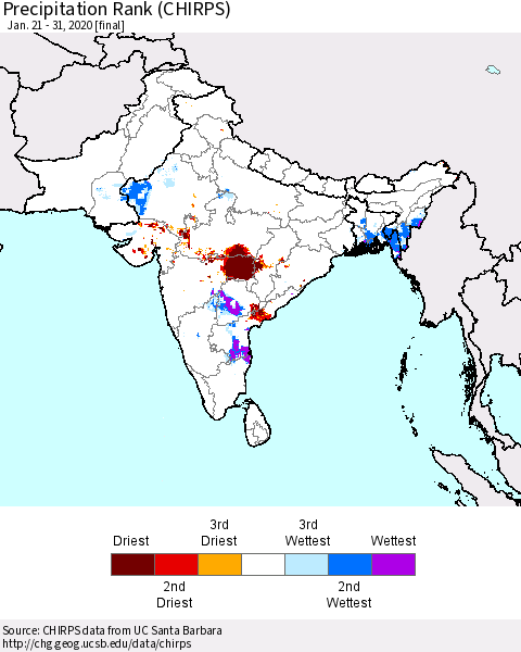 Southern Asia Precipitation Rank since 1981 (CHIRPS) Thematic Map For 1/21/2020 - 1/31/2020