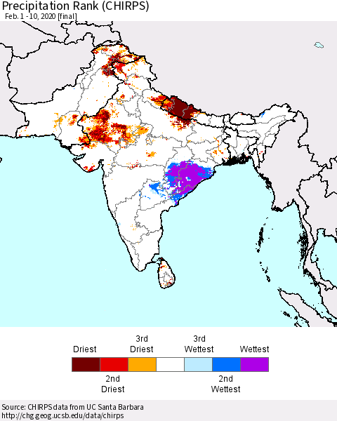 Southern Asia Precipitation Rank (CHIRPS) Thematic Map For 2/1/2020 - 2/10/2020