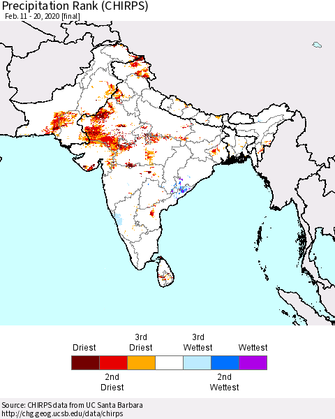 Southern Asia Precipitation Rank (CHIRPS) Thematic Map For 2/11/2020 - 2/20/2020