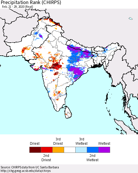 Southern Asia Precipitation Rank (CHIRPS) Thematic Map For 2/21/2020 - 2/29/2020