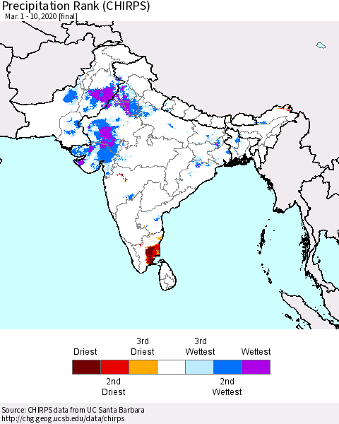 Southern Asia Precipitation Rank since 1981 (CHIRPS) Thematic Map For 3/1/2020 - 3/10/2020