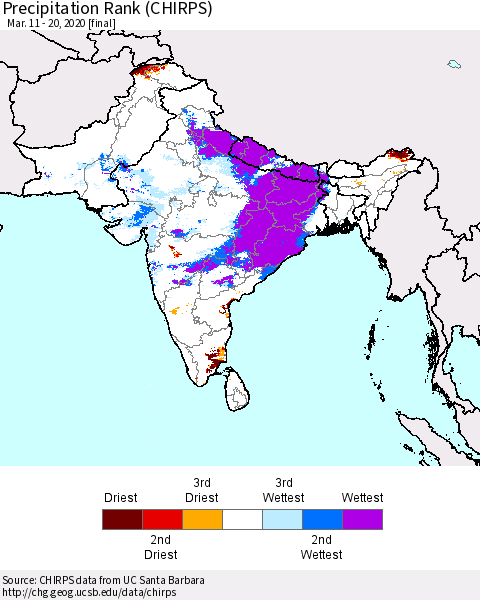 Southern Asia Precipitation Rank (CHIRPS) Thematic Map For 3/11/2020 - 3/20/2020