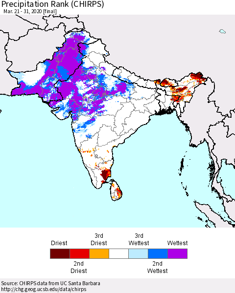 Southern Asia Precipitation Rank (CHIRPS) Thematic Map For 3/21/2020 - 3/31/2020