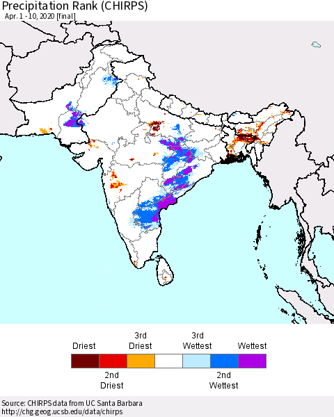 Southern Asia Precipitation Rank since 1981 (CHIRPS) Thematic Map For 4/1/2020 - 4/10/2020