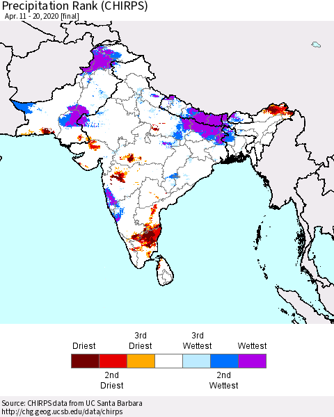 Southern Asia Precipitation Rank (CHIRPS) Thematic Map For 4/11/2020 - 4/20/2020