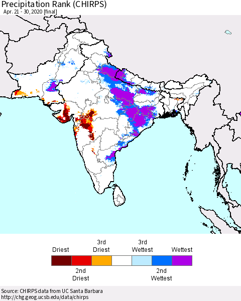 Southern Asia Precipitation Rank (CHIRPS) Thematic Map For 4/21/2020 - 4/30/2020