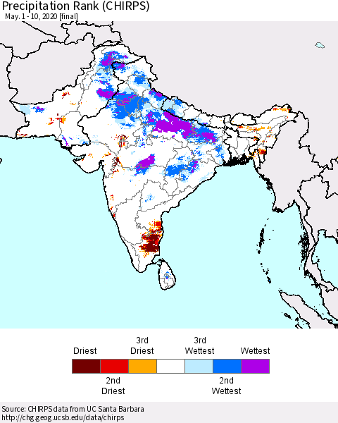Southern Asia Precipitation Rank since 1981 (CHIRPS) Thematic Map For 5/1/2020 - 5/10/2020