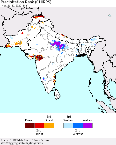 Southern Asia Precipitation Rank (CHIRPS) Thematic Map For 5/21/2020 - 5/31/2020