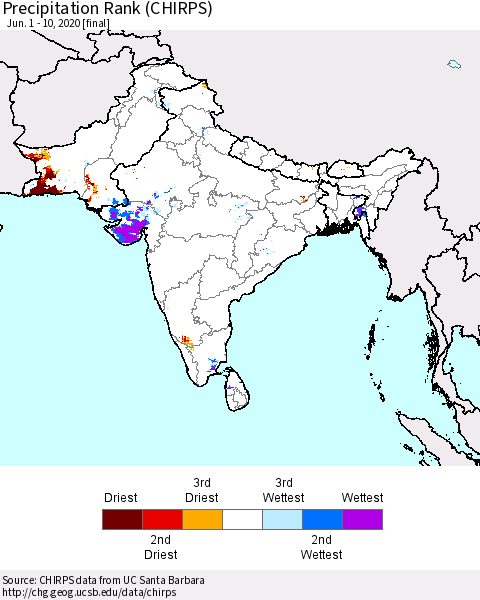 Southern Asia Precipitation Rank since 1981 (CHIRPS) Thematic Map For 6/1/2020 - 6/10/2020