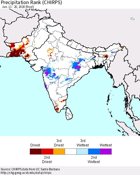 Southern Asia Precipitation Rank since 1981 (CHIRPS) Thematic Map For 6/11/2020 - 6/20/2020