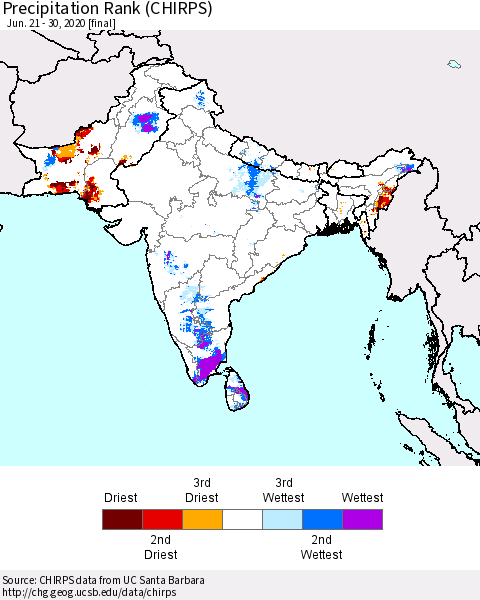 Southern Asia Precipitation Rank since 1981 (CHIRPS) Thematic Map For 6/21/2020 - 6/30/2020