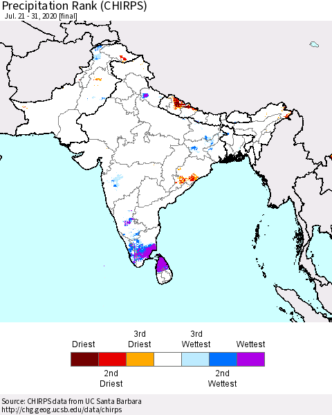 Southern Asia Precipitation Rank since 1981 (CHIRPS) Thematic Map For 7/21/2020 - 7/31/2020