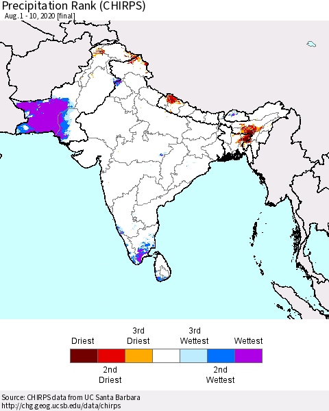 Southern Asia Precipitation Rank since 1981 (CHIRPS) Thematic Map For 8/1/2020 - 8/10/2020