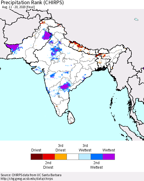 Southern Asia Precipitation Rank (CHIRPS) Thematic Map For 8/11/2020 - 8/20/2020