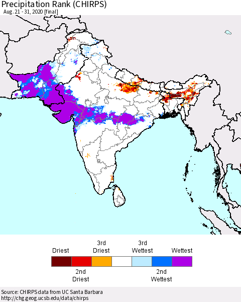 Southern Asia Precipitation Rank since 1981 (CHIRPS) Thematic Map For 8/21/2020 - 8/31/2020