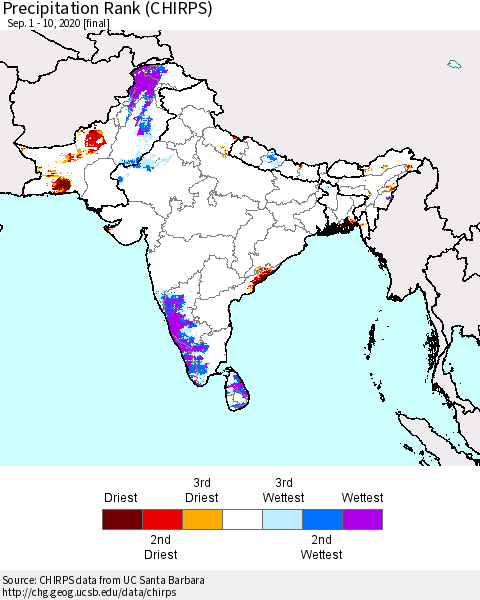 Southern Asia Precipitation Rank (CHIRPS) Thematic Map For 9/1/2020 - 9/10/2020