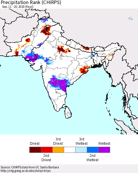 Southern Asia Precipitation Rank (CHIRPS) Thematic Map For 9/11/2020 - 9/20/2020