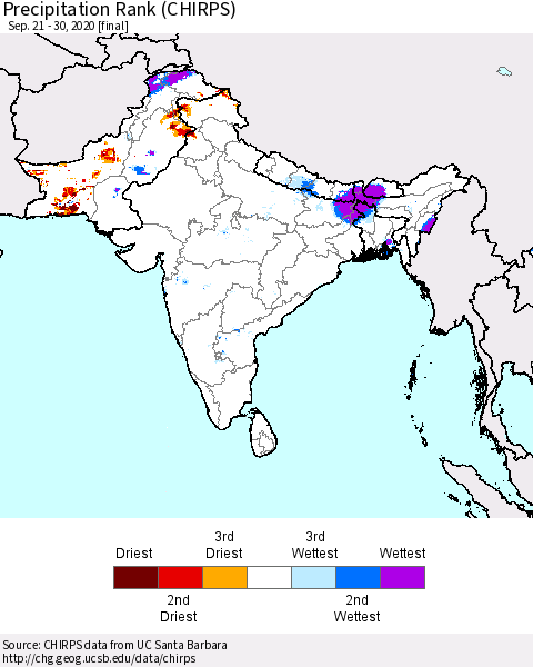 Southern Asia Precipitation Rank since 1981 (CHIRPS) Thematic Map For 9/21/2020 - 9/30/2020