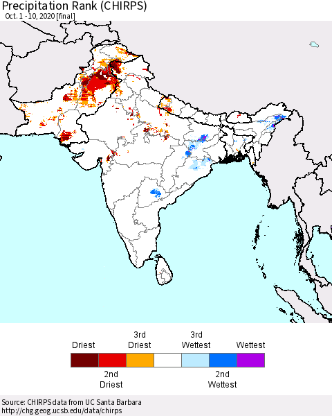 Southern Asia Precipitation Rank since 1981 (CHIRPS) Thematic Map For 10/1/2020 - 10/10/2020