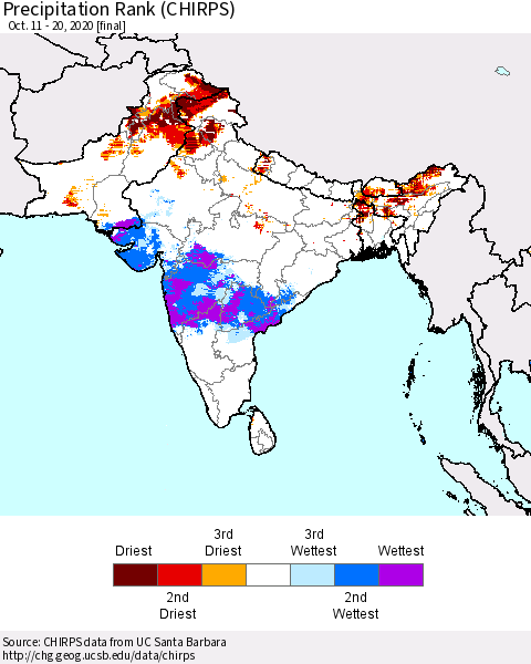 Southern Asia Precipitation Rank since 1981 (CHIRPS) Thematic Map For 10/11/2020 - 10/20/2020