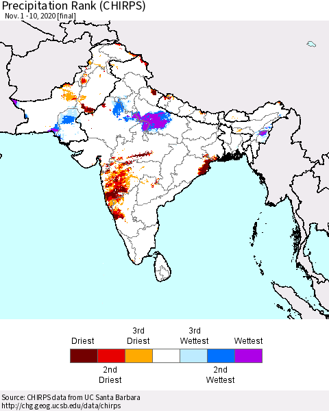 Southern Asia Precipitation Rank since 1981 (CHIRPS) Thematic Map For 11/1/2020 - 11/10/2020