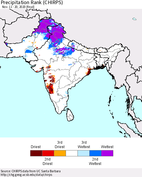 Southern Asia Precipitation Rank (CHIRPS) Thematic Map For 11/11/2020 - 11/20/2020