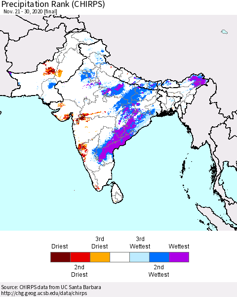 Southern Asia Precipitation Rank (CHIRPS) Thematic Map For 11/21/2020 - 11/30/2020