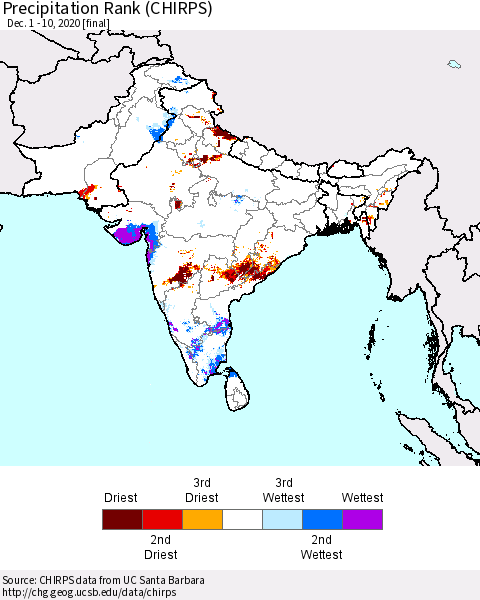 Southern Asia Precipitation Rank (CHIRPS) Thematic Map For 12/1/2020 - 12/10/2020
