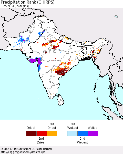 Southern Asia Precipitation Rank (CHIRPS) Thematic Map For 12/21/2020 - 12/31/2020