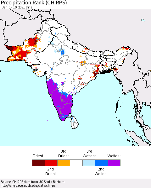 Southern Asia Precipitation Rank (CHIRPS) Thematic Map For 1/1/2021 - 1/10/2021