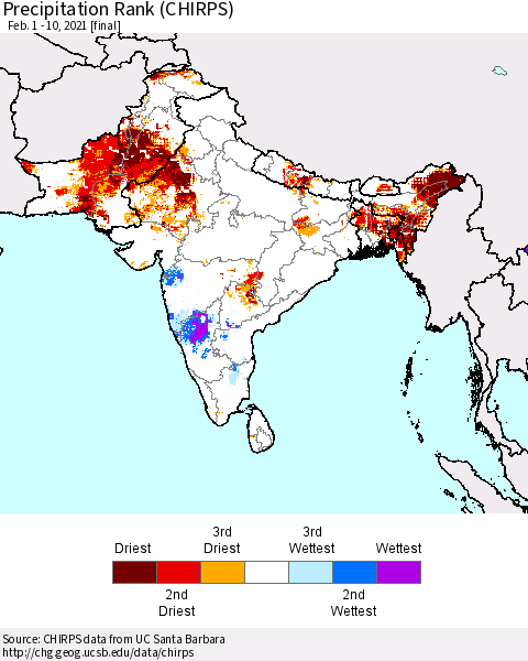 Southern Asia Precipitation Rank (CHIRPS) Thematic Map For 2/1/2021 - 2/10/2021