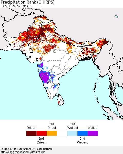 Southern Asia Precipitation Rank (CHIRPS) Thematic Map For 2/11/2021 - 2/20/2021