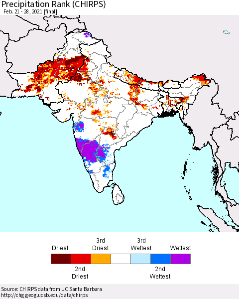 Southern Asia Precipitation Rank since 1981 (CHIRPS) Thematic Map For 2/21/2021 - 2/28/2021