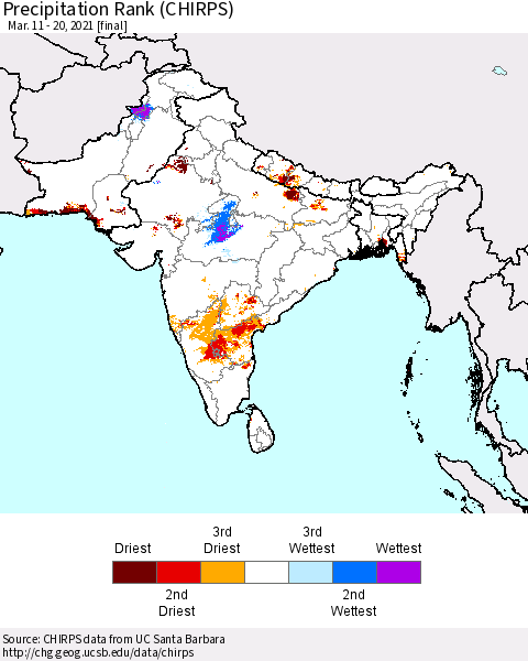 Southern Asia Precipitation Rank (CHIRPS) Thematic Map For 3/11/2021 - 3/20/2021