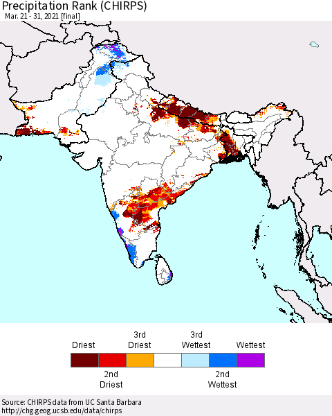 Southern Asia Precipitation Rank (CHIRPS) Thematic Map For 3/21/2021 - 3/31/2021