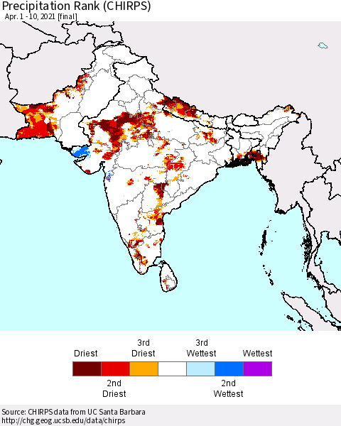 Southern Asia Precipitation Rank (CHIRPS) Thematic Map For 4/1/2021 - 4/10/2021