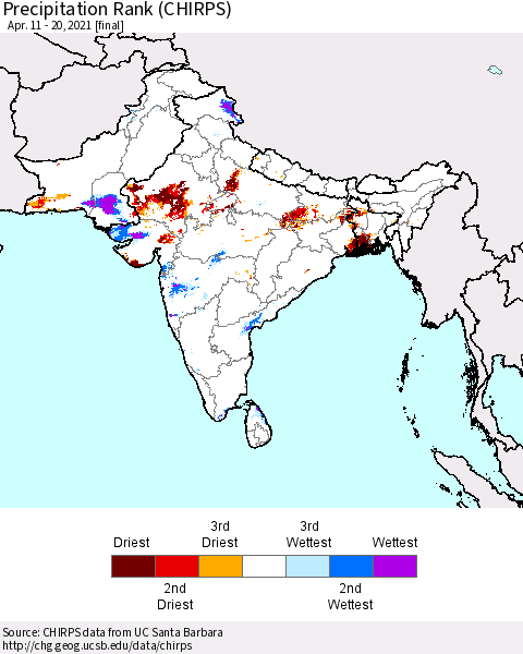 Southern Asia Precipitation Rank since 1981 (CHIRPS) Thematic Map For 4/11/2021 - 4/20/2021