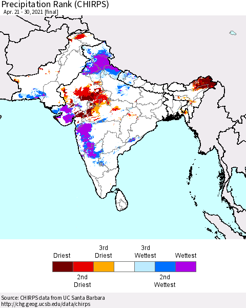Southern Asia Precipitation Rank since 1981 (CHIRPS) Thematic Map For 4/21/2021 - 4/30/2021