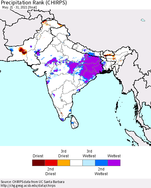 Southern Asia Precipitation Rank since 1981 (CHIRPS) Thematic Map For 5/21/2021 - 5/31/2021