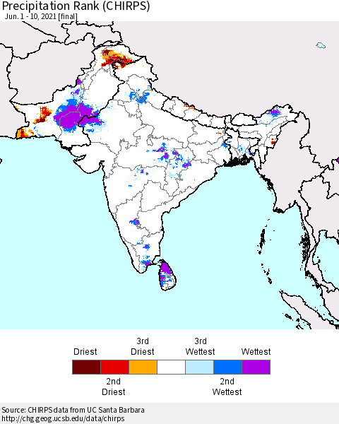 Southern Asia Precipitation Rank (CHIRPS) Thematic Map For 6/1/2021 - 6/10/2021