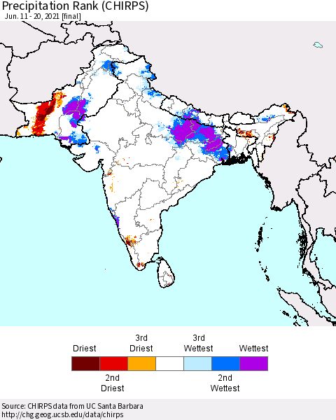 Southern Asia Precipitation Rank (CHIRPS) Thematic Map For 6/11/2021 - 6/20/2021