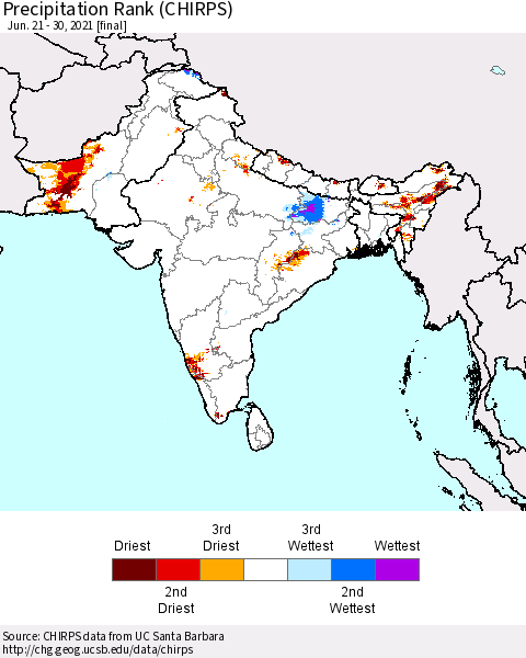 Southern Asia Precipitation Rank since 1981 (CHIRPS) Thematic Map For 6/21/2021 - 6/30/2021