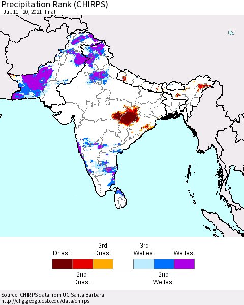 Southern Asia Precipitation Rank since 1981 (CHIRPS) Thematic Map For 7/11/2021 - 7/20/2021