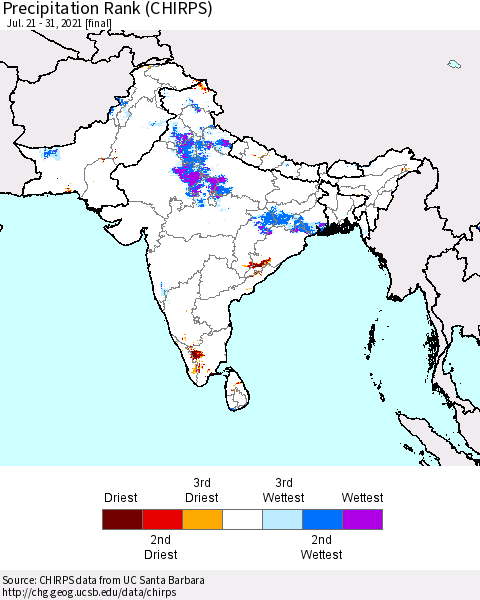 Southern Asia Precipitation Rank (CHIRPS) Thematic Map For 7/21/2021 - 7/31/2021
