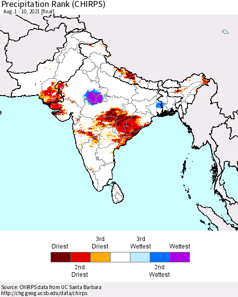 Southern Asia Precipitation Rank (CHIRPS) Thematic Map For 8/1/2021 - 8/10/2021
