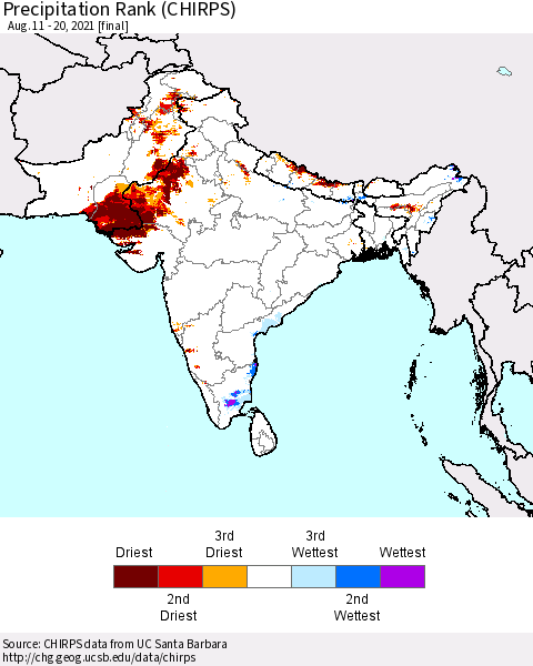 Southern Asia Precipitation Rank (CHIRPS) Thematic Map For 8/11/2021 - 8/20/2021