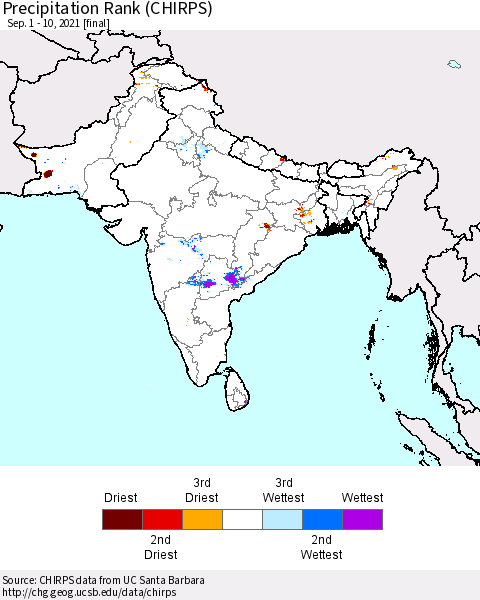 Southern Asia Precipitation Rank (CHIRPS) Thematic Map For 9/1/2021 - 9/10/2021