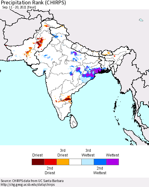 Southern Asia Precipitation Rank (CHIRPS) Thematic Map For 9/11/2021 - 9/20/2021